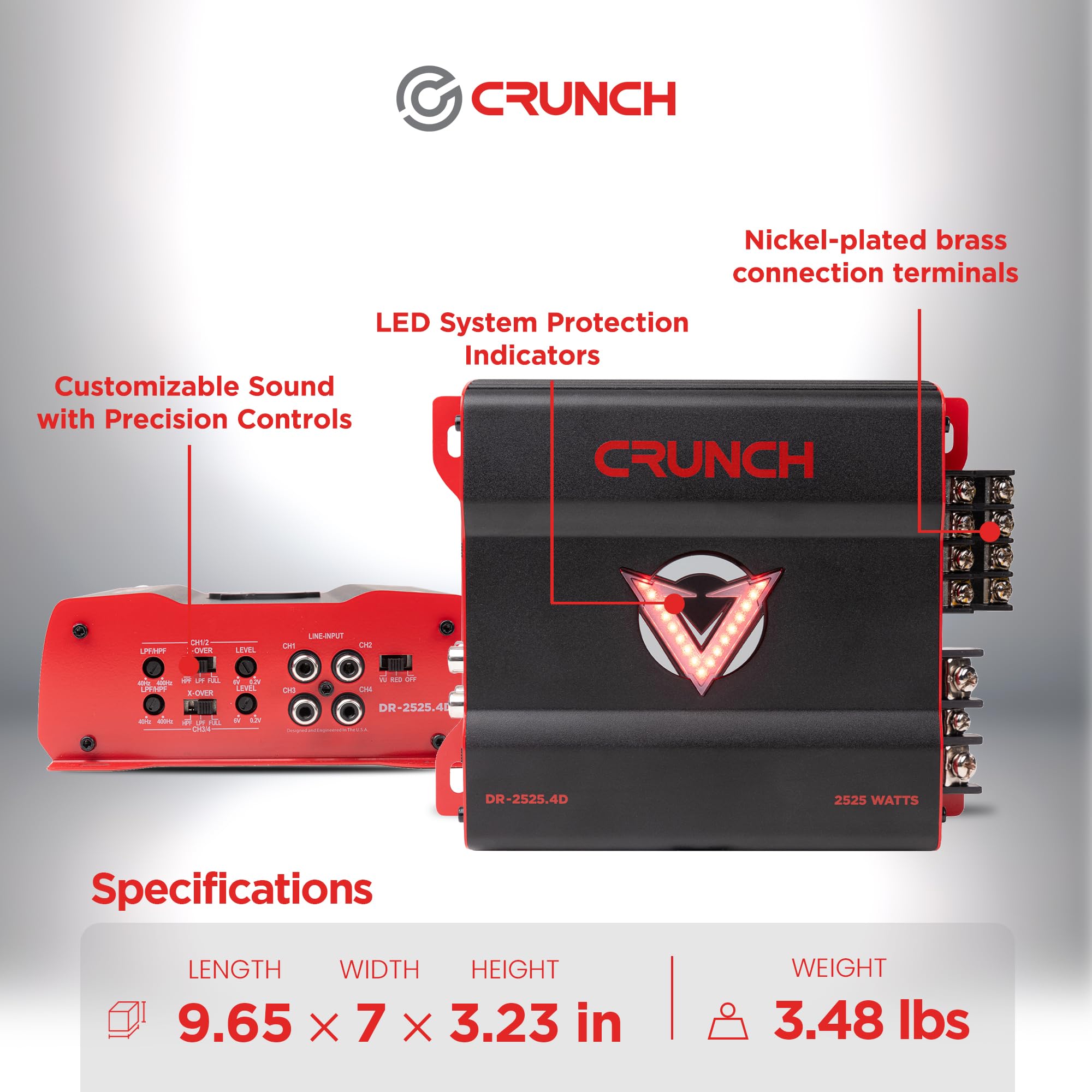 Crunch 2525W 4 Channel Subwoofer Car Audio Amplifier with Adjustable Crossovers, Bass Knob & Remote, LED VU-Meter, QTD Cooling and PWM Power Supply Crunch 2525W 4 Channel Subwoofer Car Audio Amplifier with Adjustable Crossovers, Bass Knob & Remote, LED VU-Meter, QTD Cooling and PWM Power Supply